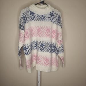 Vintage Spunky Women's Fuzzy Sweater White Pink Blue Flower Print Acrylic USA